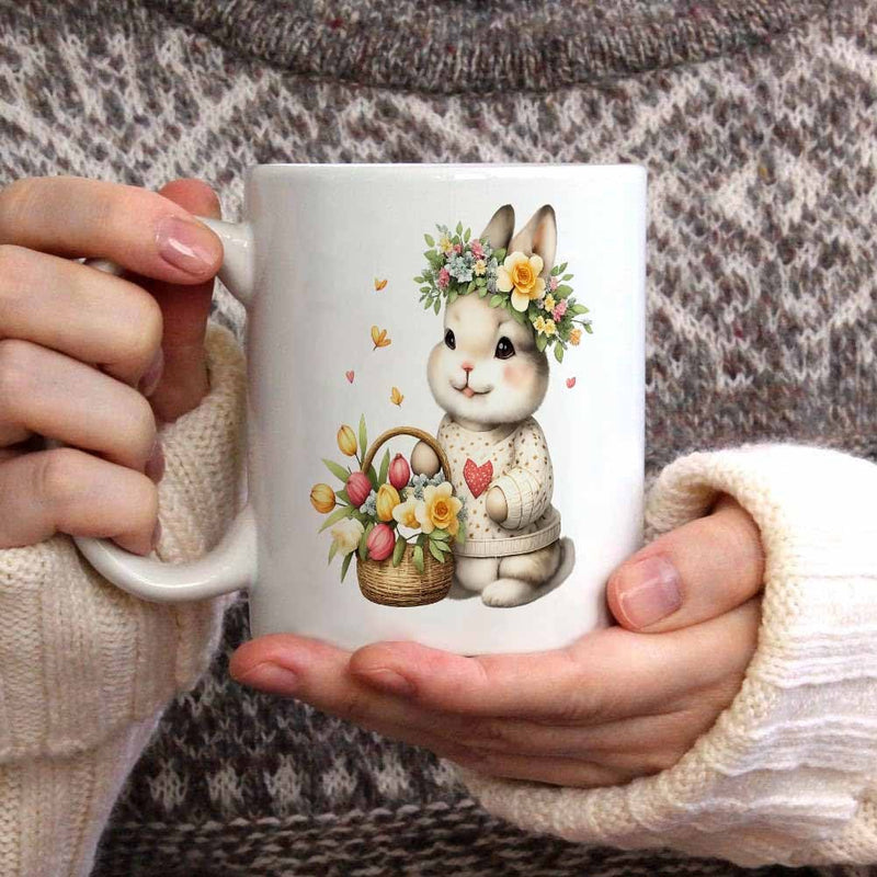 Tailorly White Ceramic 11 oz Mug - Cute Little Animal Wearing Flower Wreath Beside Basket Of Tulips Rabbit