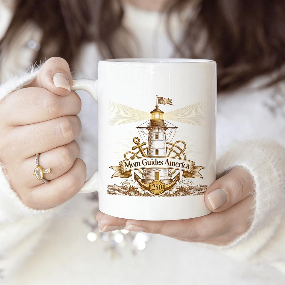 Tailorly White Ceramic 11 oz Mug - Moon Guides America Nautical Crest Featuring Golden Anchor And Rope With A Radiant Shining Lighthouse