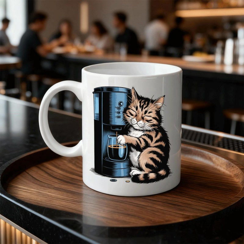 Tailorly White Ceramic 11 oz Mug - Playful Striped Kitten Sitting Beside A Sleek Modern Coffee Machine Cat