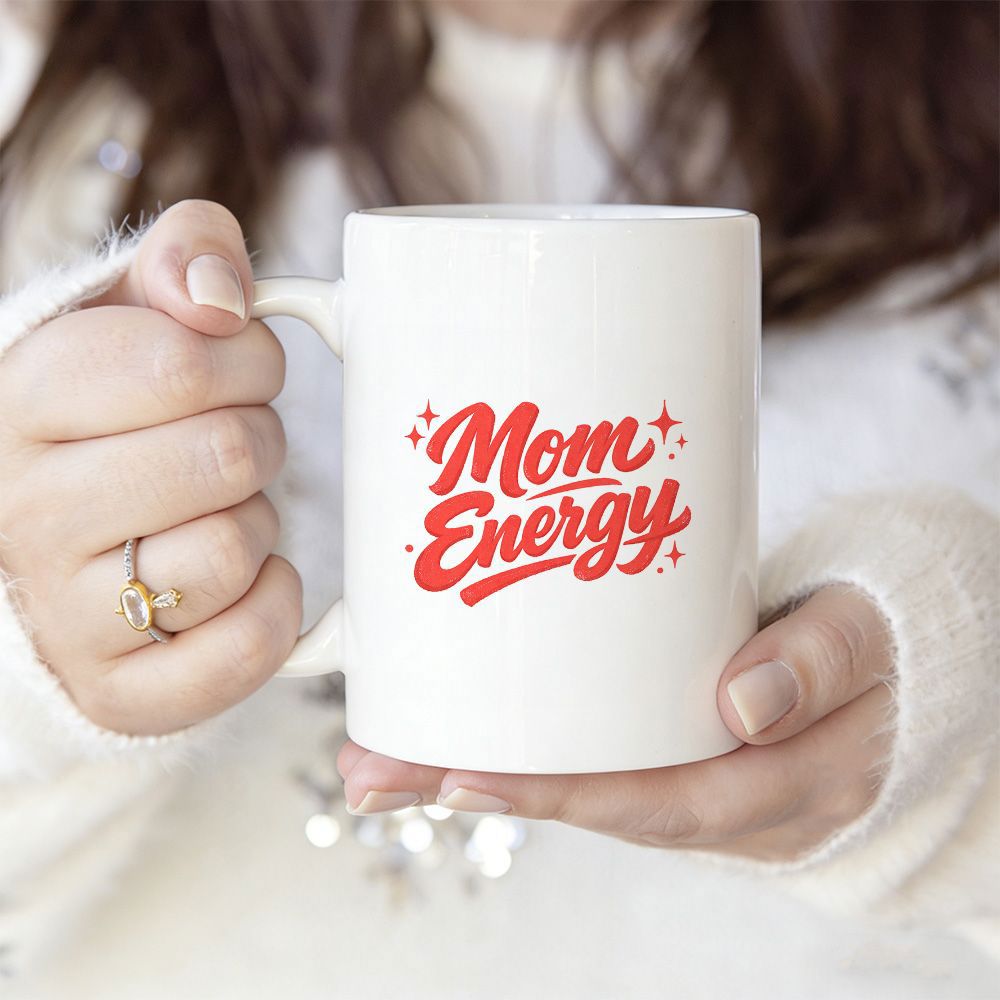 Tailorly White Ceramic 11 oz Mug - Mom Energy Minimalist White Ceramic Held By Human Hands Featuring Red Script Text Mug