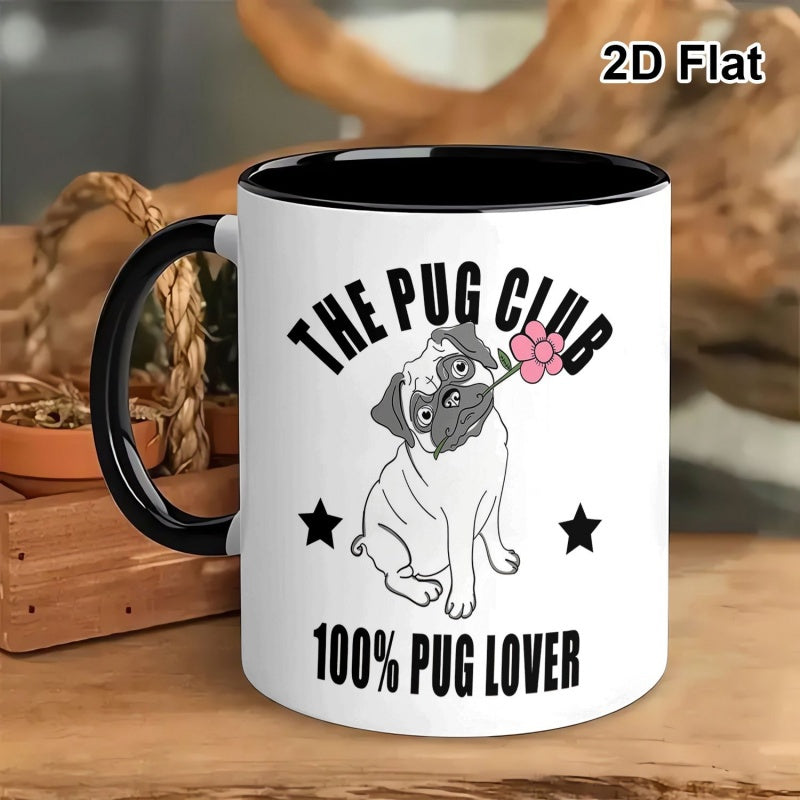 Tailorly Black Accent 11 oz Mug - cute pug dog with flower graphic
