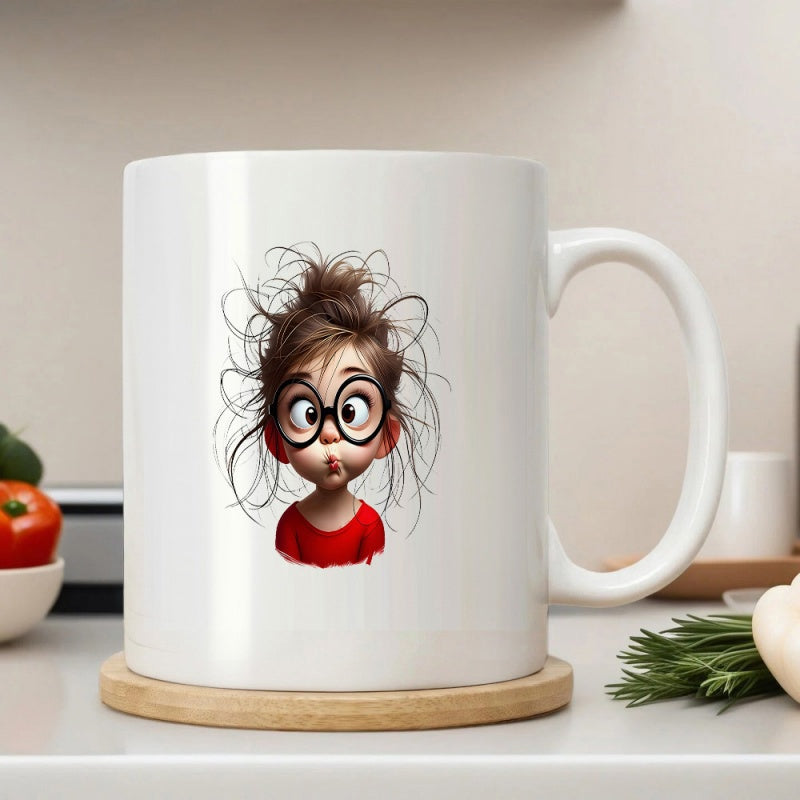 Tailorly White Ceramic 11 oz Mug - Funny Cartoon Character With Messy Brown Hair Wearing Large Glasses Girl