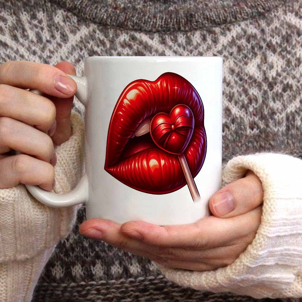 Tailorly White Ceramic 11 oz Mug - Glossy Red Realistic Lips Holding A Sweet Heart Shaped Candy Lollipop