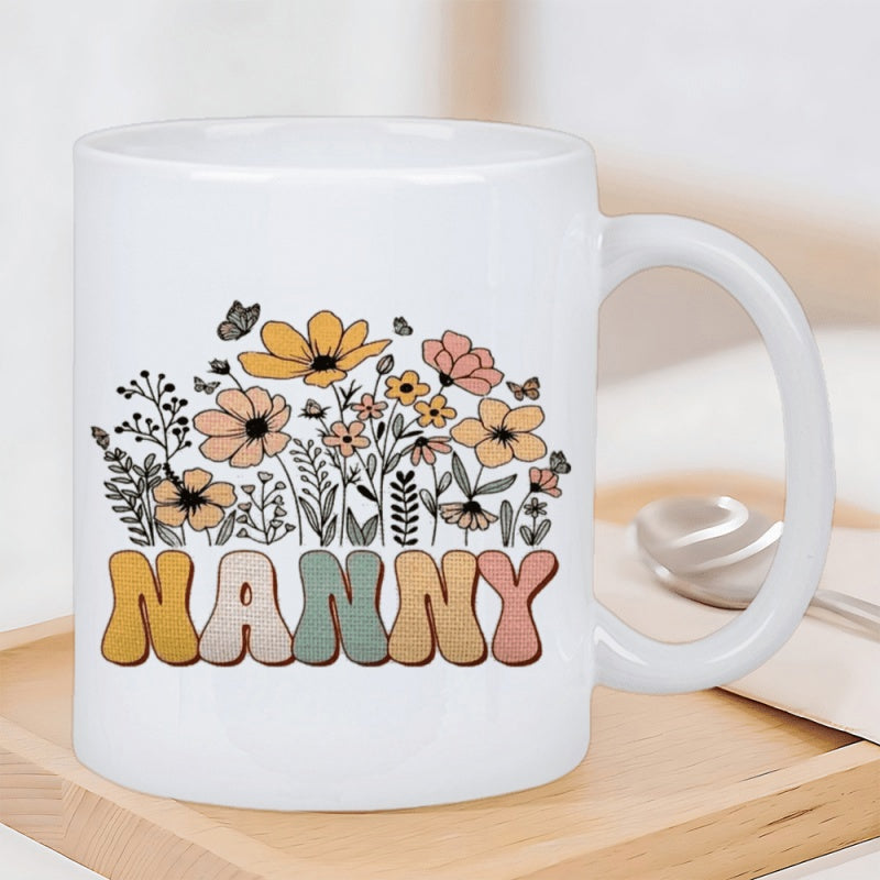 Tailorly White Ceramic 11 oz Mug - Nanny Retro Wildflowers Blooming In Soft Pastel Colors With Tiny Butterflies Flower