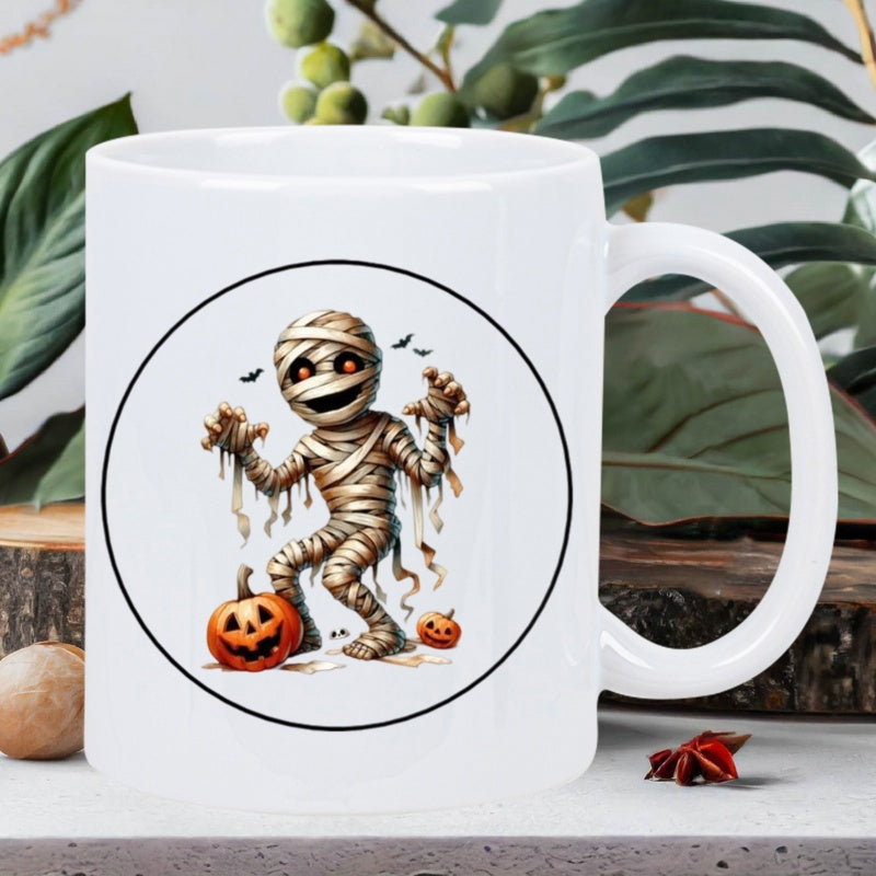 Tailorly White Ceramic 11 oz Mug - Spooky Halloween Mummy Dancing Beside Glowing Jack O Lantern Pumpkins Under Bats Mummy