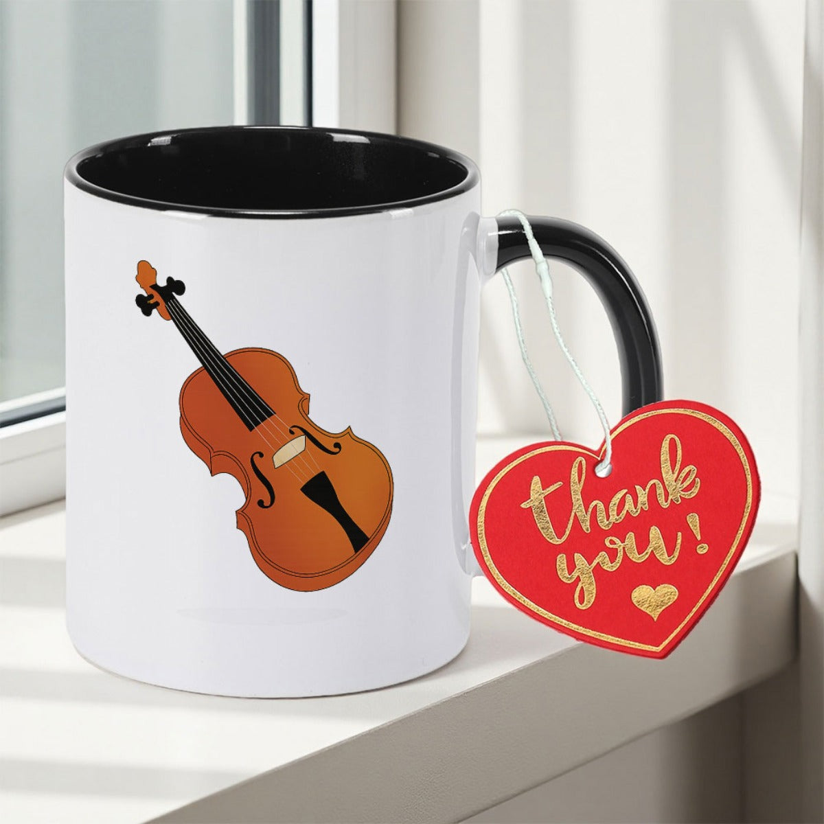 Tailorly Black Accent 11 oz Mug - 1pc with Brown Violin Print Double Sided Print Tea Mug Coffee Mug Heat Resistant Insulated WoFloral Print Street Preppy