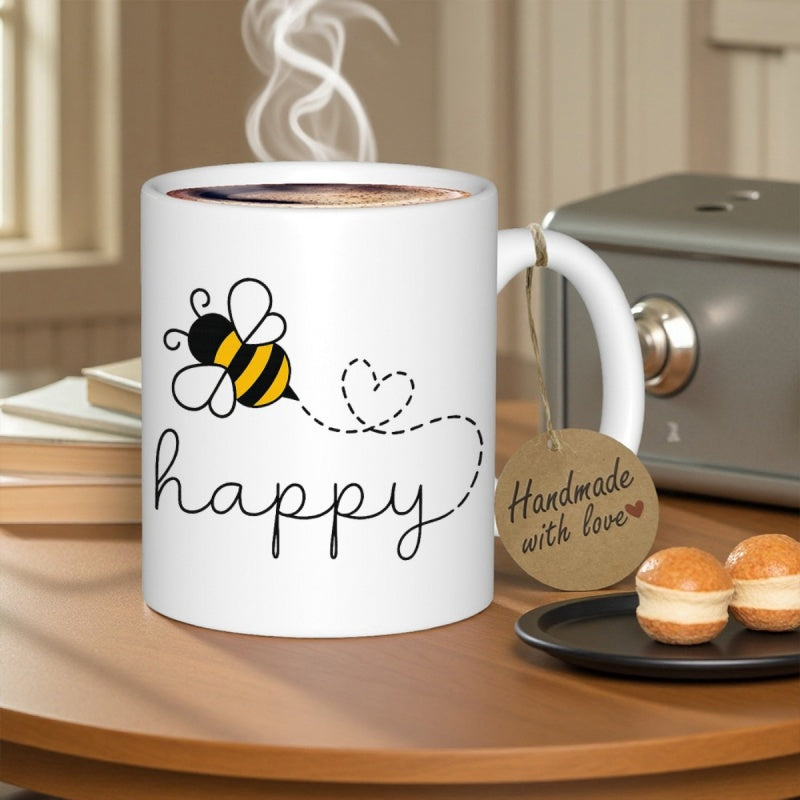 Tailorly White Ceramic 11 oz Mug - Happy Yellow Striped Flying Along A Heart Shaped Dashed Path Bumblebee