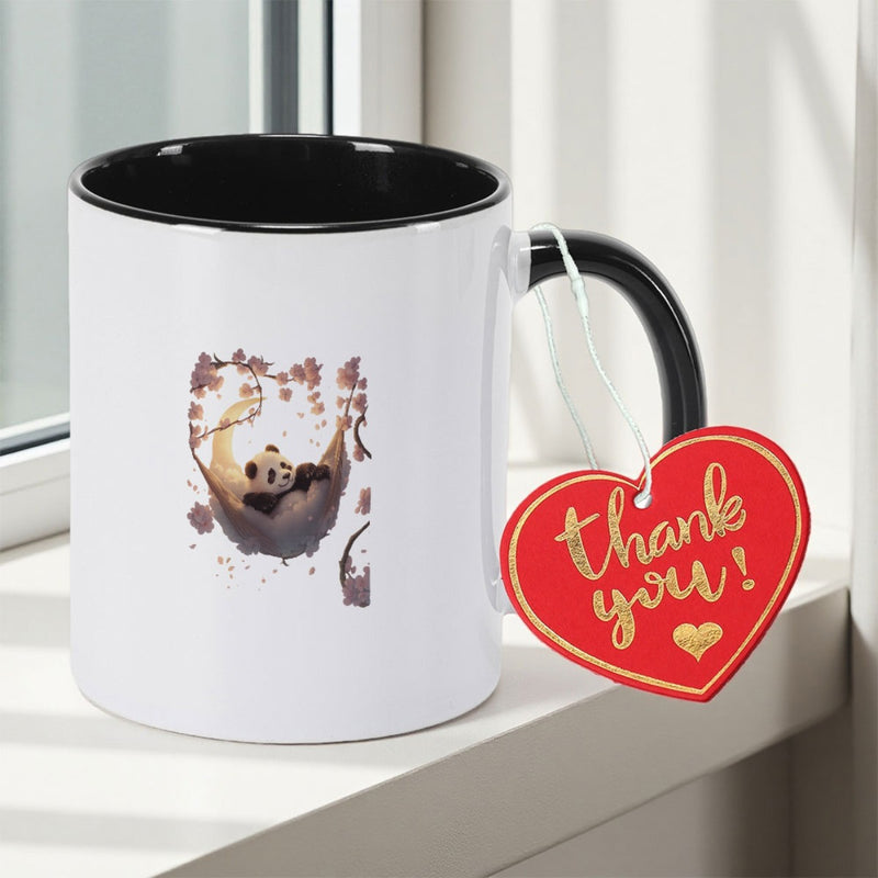 Tailorly Black Accent 11 oz Mug - Panda sleeping on a moon surrounded by cherry