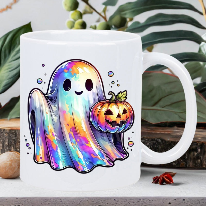 Tailorly White Ceramic 11 oz Mug - Rainbow Holographic Cute Cartoon Holding A Carved Jack O Lantern Halloween Ghost