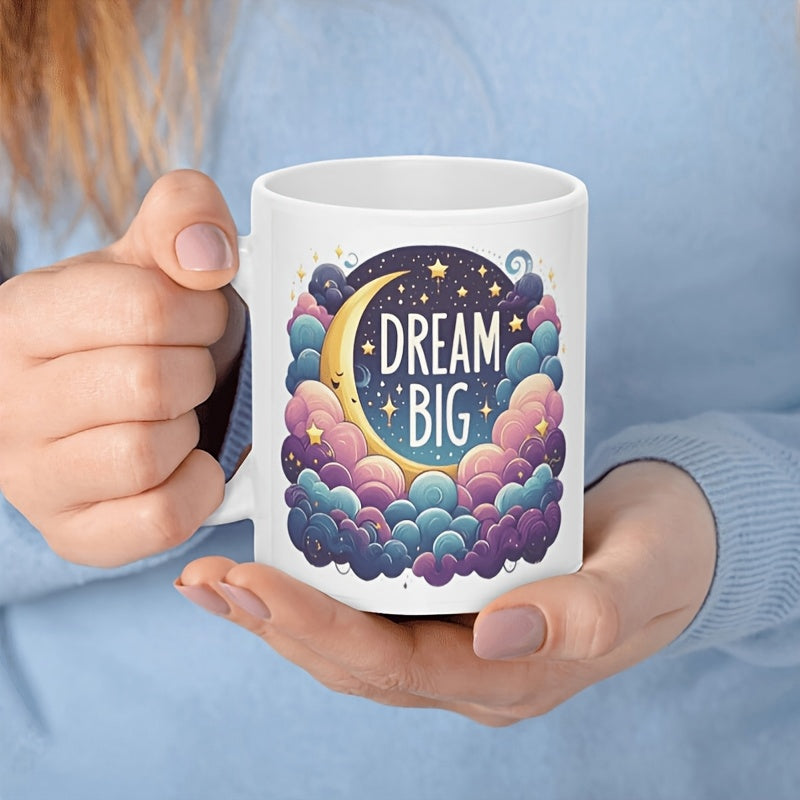 Tailorly White Ceramic 11 oz Mug - Dream Big Artistic Crescent Surrounded By Colorful Pastel Clouds Under Shimmering Stars Moon