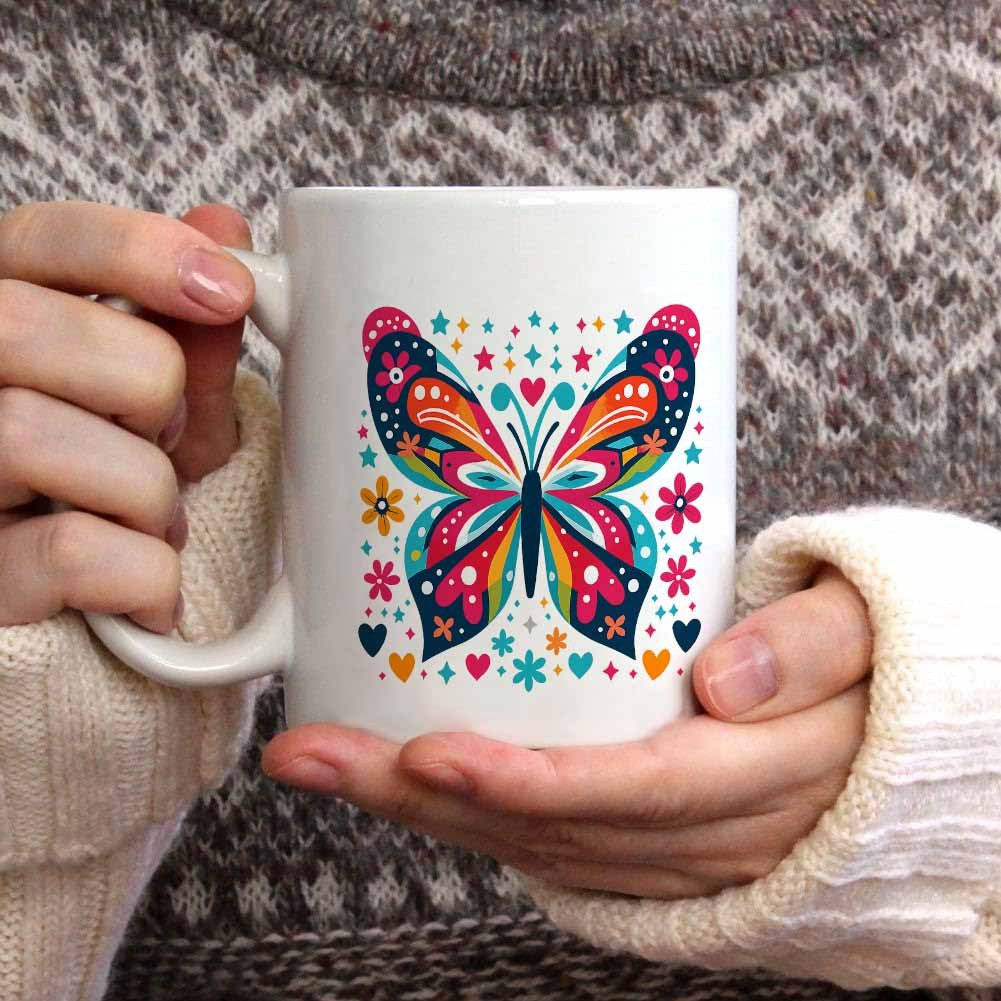 Tailorly White Ceramic 11 oz Mug - Colorful Whimsical Folk Art Pattern With Flowers Hearts And Stars Butterfly