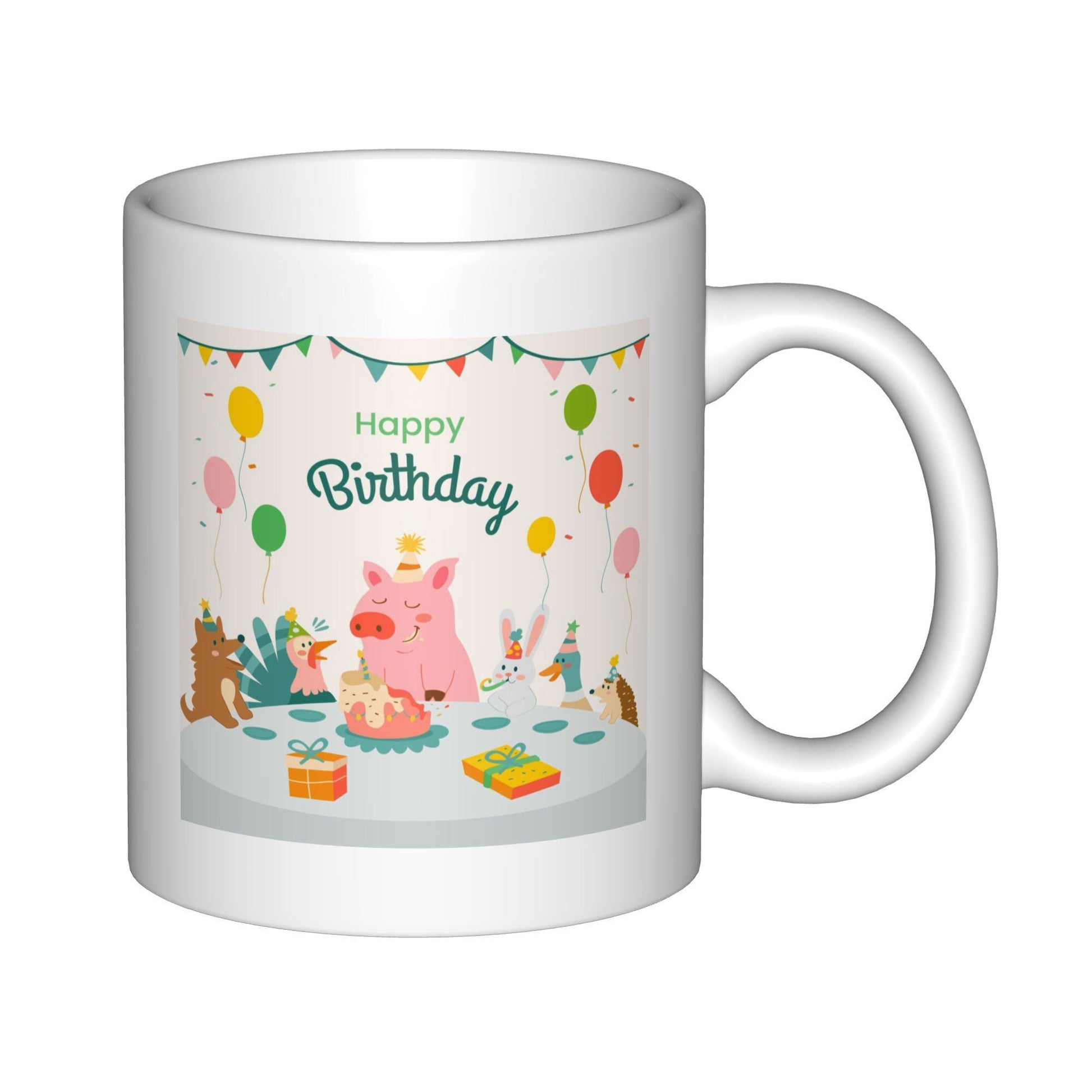 Tailorly White Ceramic 11 oz Mug - Happy Birthday Festive Party Scene With Cute Animals Celebrating Around A Cake Pig