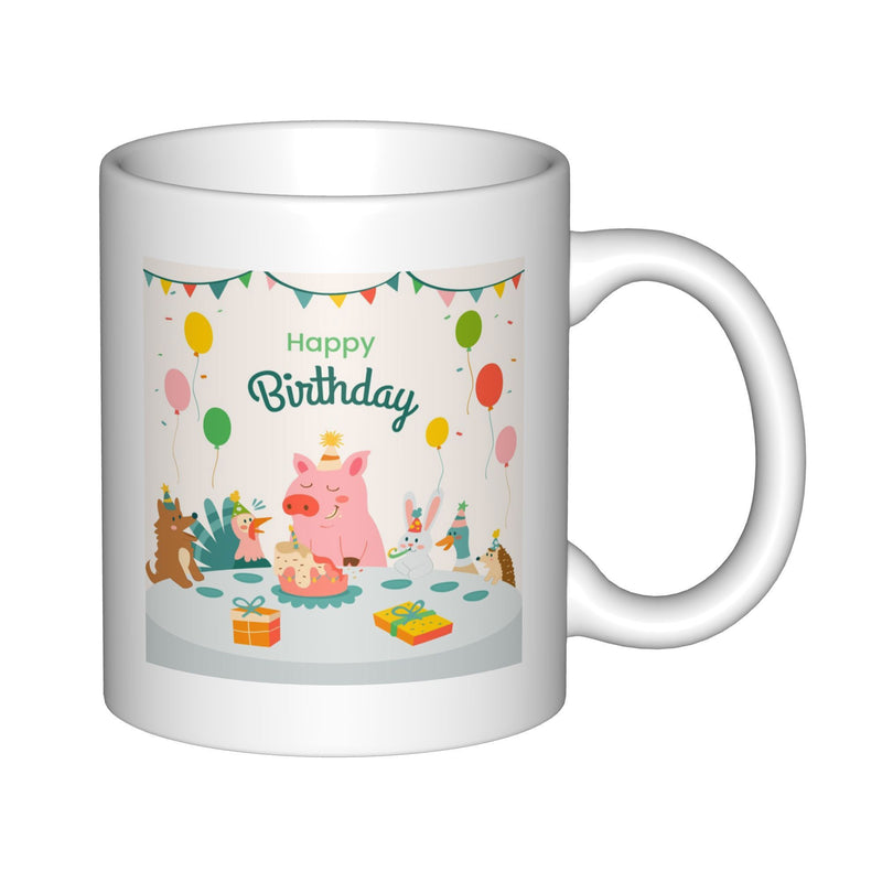 Tailorly White Ceramic 11 oz Mug - Happy Birthday Festive Party Scene With Cute Animals Celebrating Around A Cake Pig