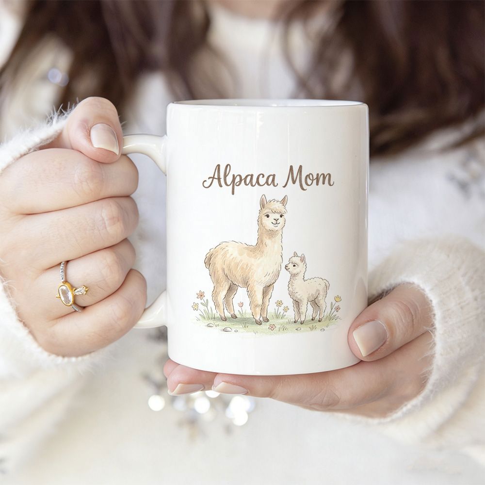 Tailorly White Ceramic 11 oz Mug - Alpaca Mom Gentle Watercolor Mother And Baby Standing Among Wildflowers Alpaca