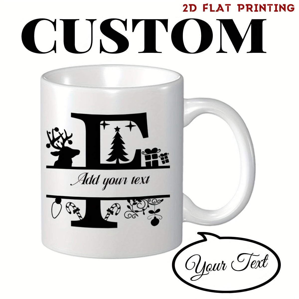 Tailorly White Ceramic 11 oz Mug - Add Your Text Festive Christmas Elements Featuring Reindeer And Tree Inside A Decorative Split Monogram