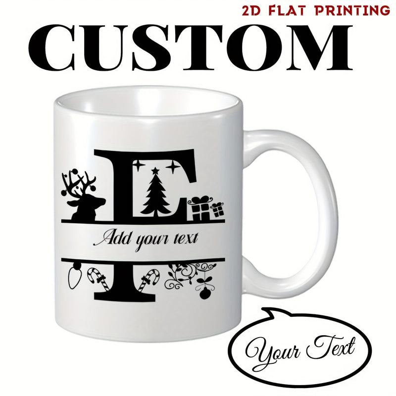 Tailorly White Ceramic 11 oz Mug - Add Your Text Festive Christmas Elements Featuring Reindeer And Tree Inside A Decorative Split Monogram