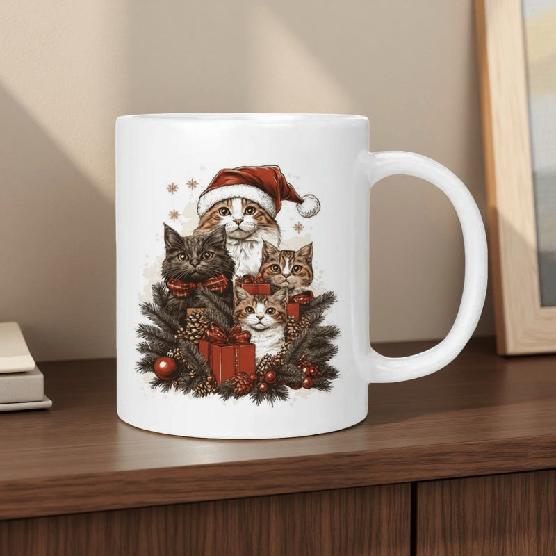 Tailorly White Ceramic 11 oz Mug - Group Of Festive Cats Wearing Santa Hats Among Christmas Pine Branches Cat
