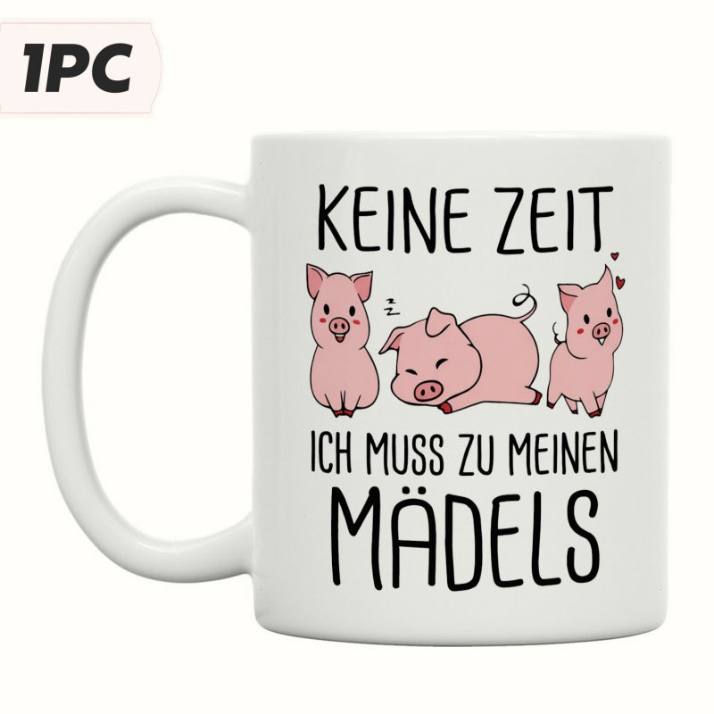 Tailorly White Ceramic 11 oz Mug - Three Small Pink Cartoon Animals Sitting And Sleeping Together Pig