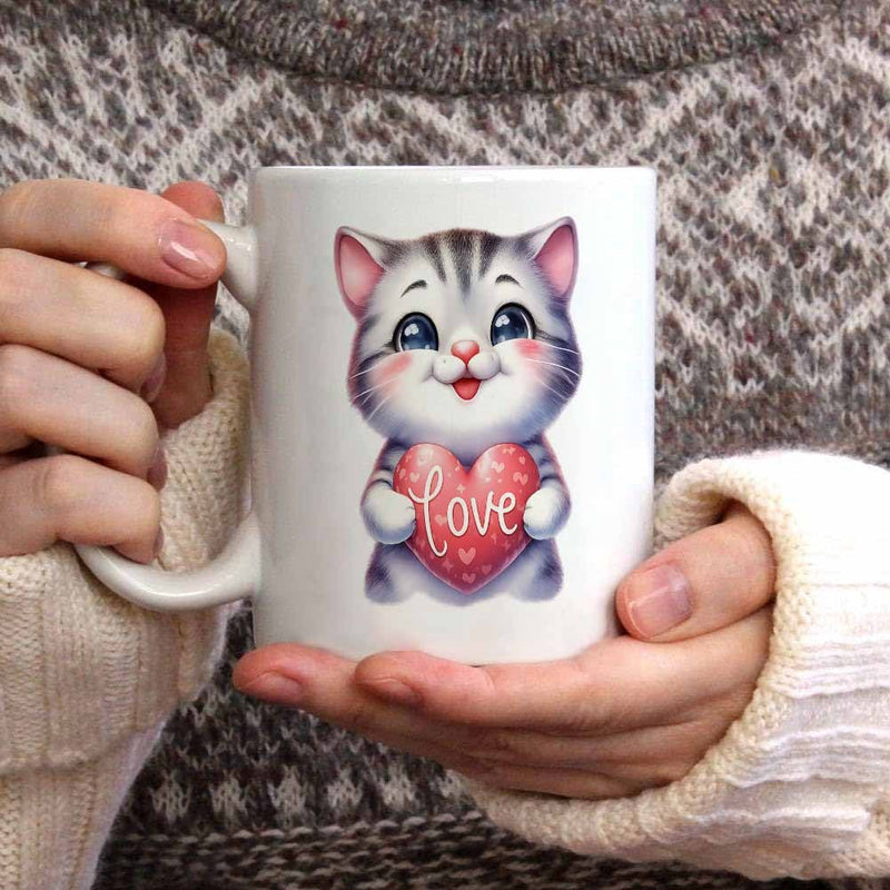 Tailorly White Ceramic 11 oz Mug - Love Adorable Tiny Grey Striped Kitten Holding A Pink Textured Heart Kitten