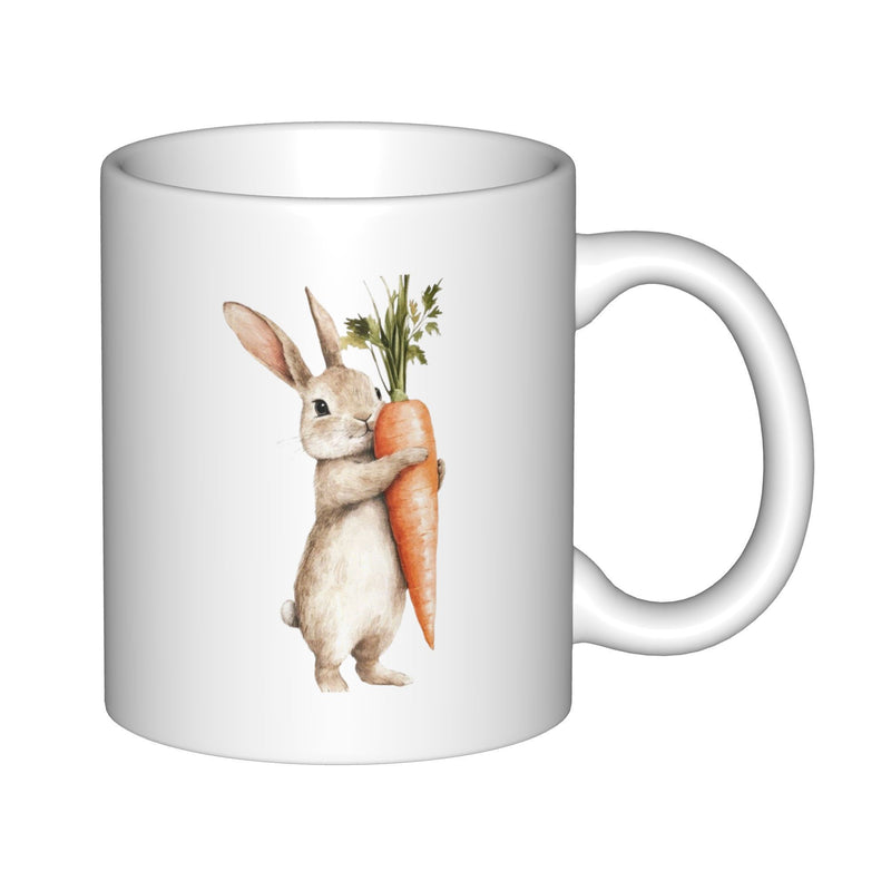 Tailorly White Ceramic 11 oz Mug - Sweet Hand Painted Watercolor Animal Holding A Large Orange Tasty Carrot Rabbit