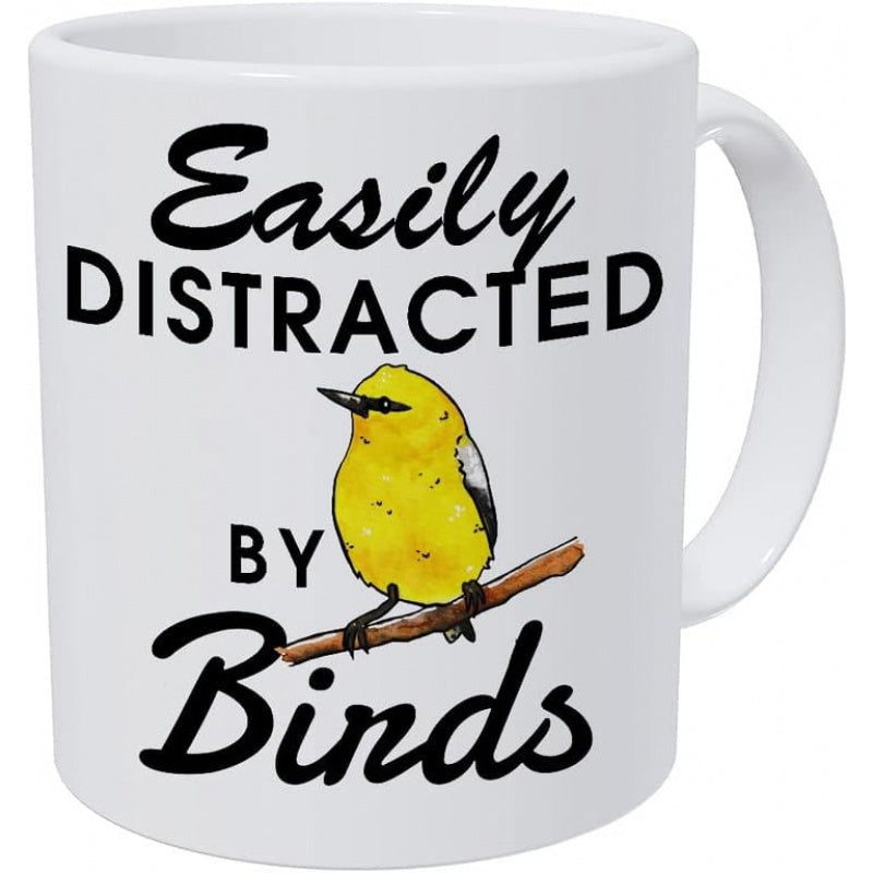 Tailorly White Ceramic 11 oz Mug - Easily Distracted By Birds Vibrant Yellow Songbird Perching Gracefully On A Small Natural Branch Bird