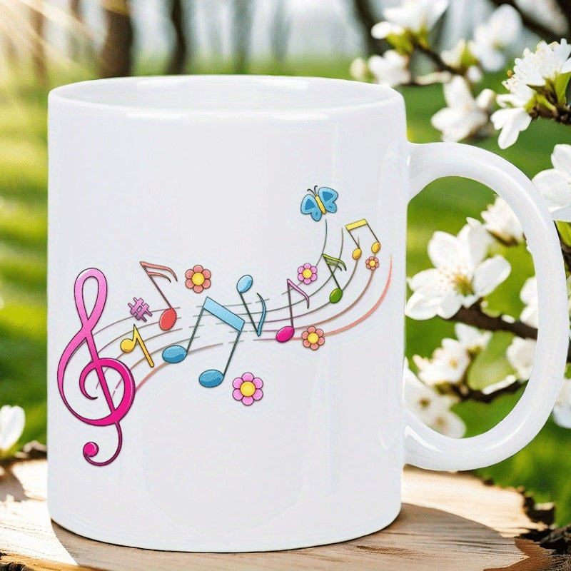 Tailorly White Ceramic 11 oz Mug - Vibrant Musical Notes Floating Along Staff Among Delicate Blooming Flowers And Butterfly Note
