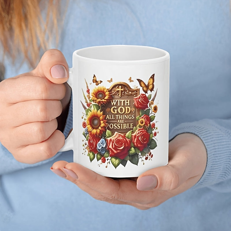 Tailorly White Ceramic 11 oz Mug - With God All Things Are Possible Vibrant Sunflowers And Red Roses Surrounded By Fluttering Delicate Butterflies Bouquet