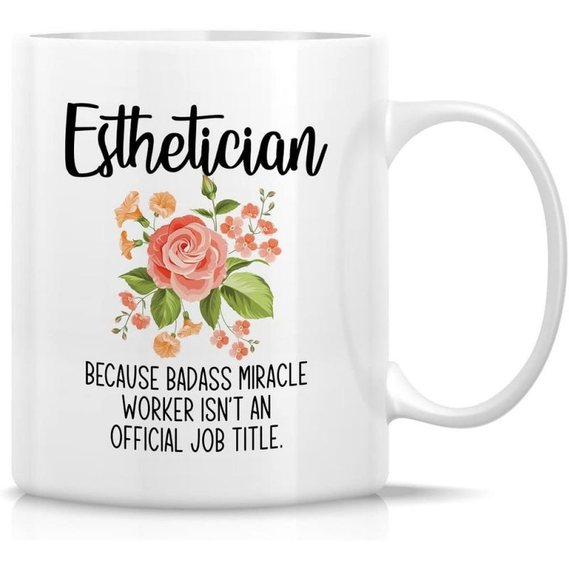 Tailorly White Ceramic 11 oz Mug - Esthetician Because Badass Miracle Worker Isnt An Official Job Title Pink Watercolor Roses With Green Leaves Blooming In Garden