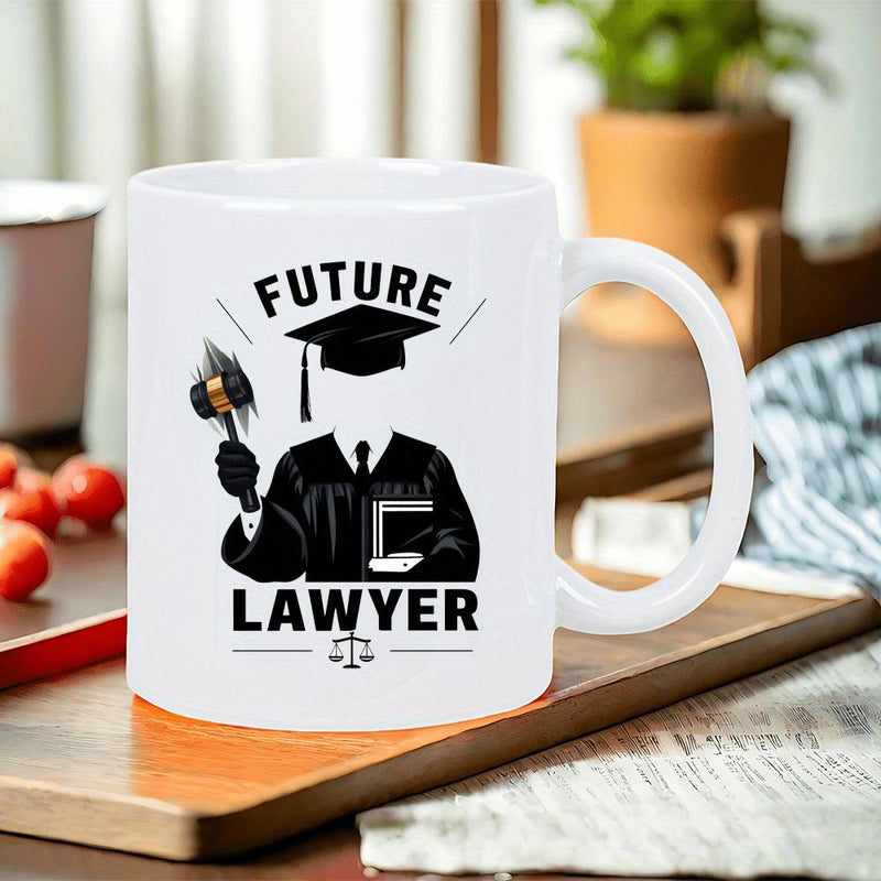 Tailorly White Ceramic 11 oz Mug - Future Lawyer Professional Silhouette Of A Graduating Student Holding A Judicial Gavel Lawyer