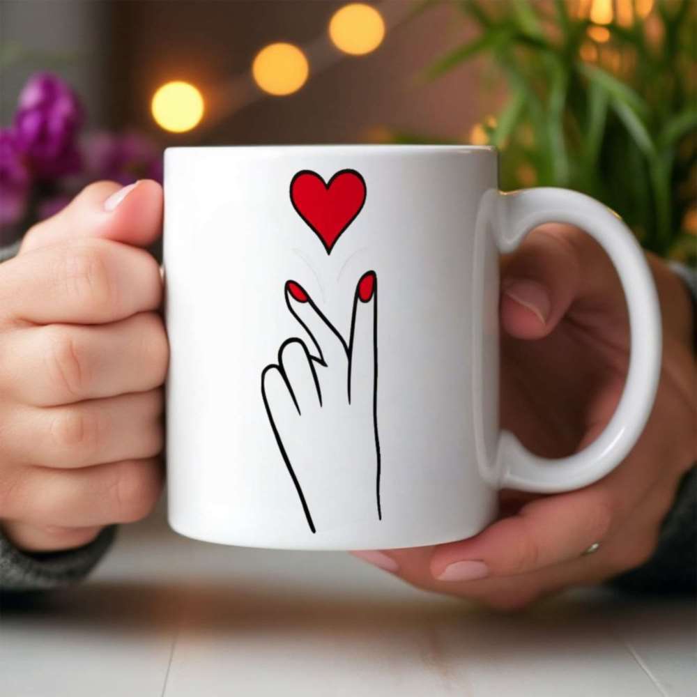 Tailorly White Ceramic 11 oz Mug - Minimalist Line Art Drawing Of A Small Red Love Heart Above Hand