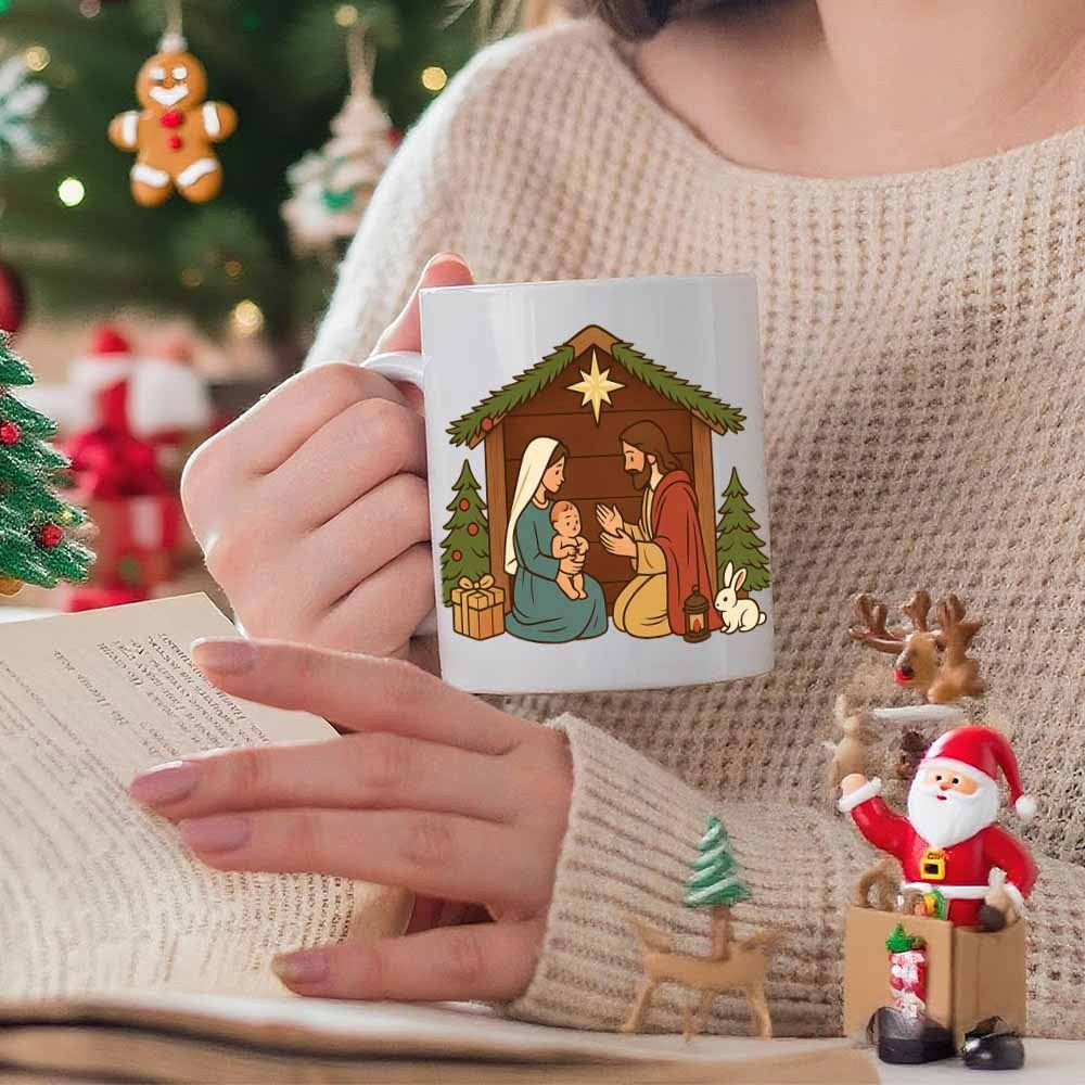 Tailorly White Ceramic 11 oz Mug - Traditional Christmas Stable Scene Featuring Holy Family And Pine Trees Nativity