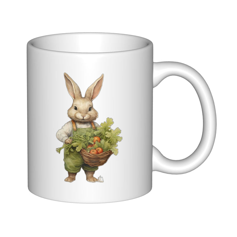Tailorly White Ceramic 11 oz Mug - Hand Drawn Style Standing Rabbit Carrying Fresh Garden Vegetable Basket Rabbit