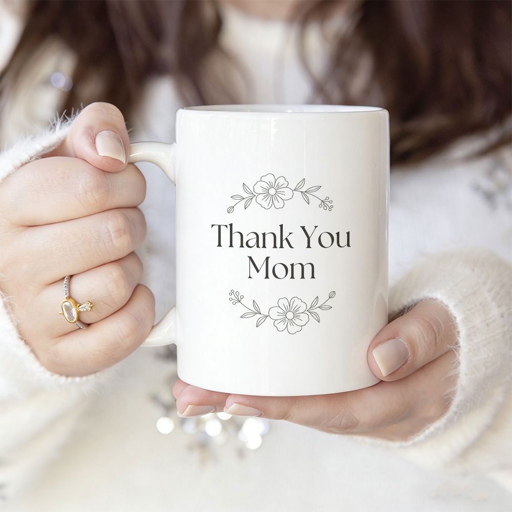 Tailorly White Ceramic 11 oz Mug - Thank You Mom Minimalist Line Art Wreath Featuring Delicate Hand Drawn Garden Flower