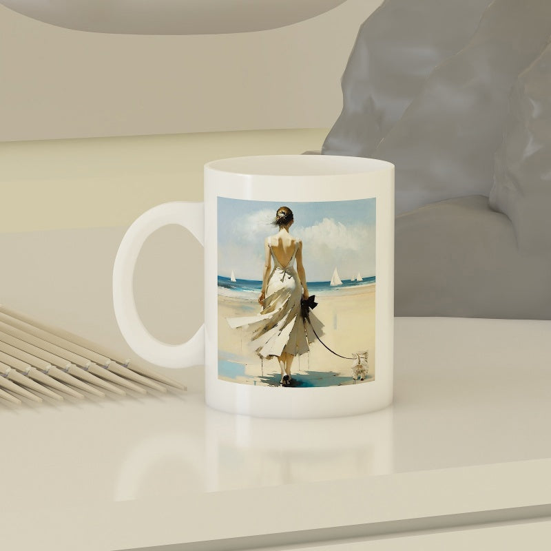 Tailorly White Ceramic 11 oz Mug - Serene Scene Featuring A Woman In A White Dress On The Beach Woman