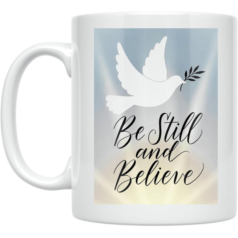 Tailorly White Ceramic 11 oz Mug - Be Still And Believe Graceful White Peace Carrying Olive Branch Under Radiant Heavenly Sunlight Dove