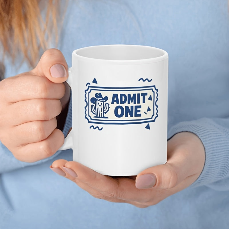 Tailorly White Ceramic 11 oz Mug - Admit One Vintage Movie Ticket Style With Cowboy Hat Wearing Desert Cactus