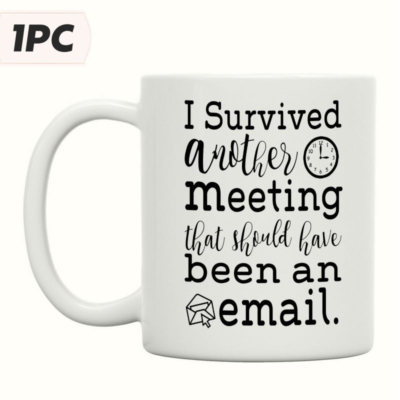 Tailorly White Ceramic 11 oz Mug - I Survived Another Meeting That Should Have Been An Email Minimalist Black Typography With Office Symbols Printed On White