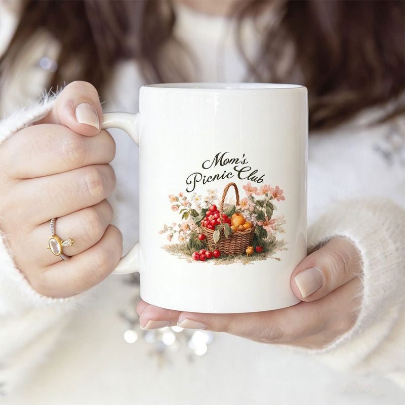 Tailorly White Ceramic 11 oz Mug - Moms Picnic Club Vintage Woven Basket Filled With Red Fruits And Autumn Flowers Basket