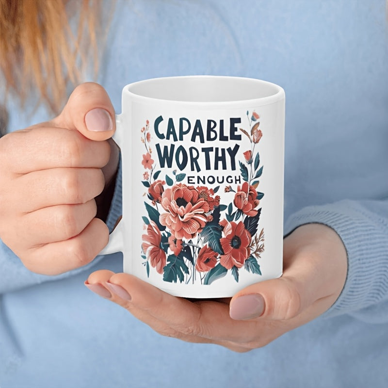 Tailorly White Ceramic 11 oz Mug - Capable Worthy Enough Artistic Blooming Red Flowers With Lush Green Leaves Floral Mug