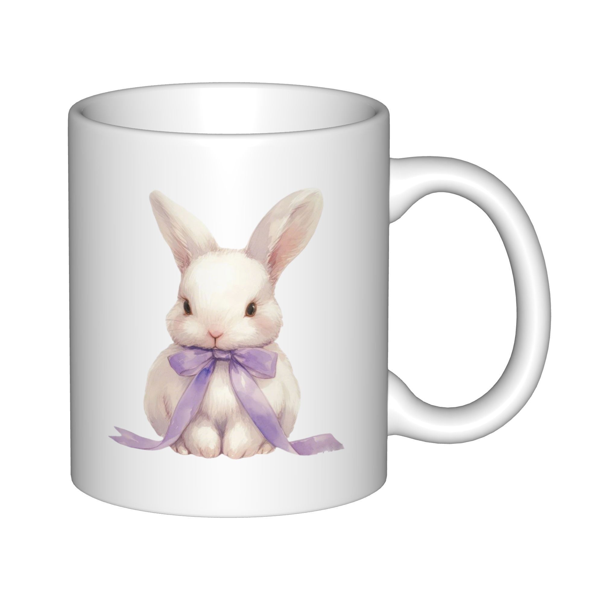 Tailorly White Ceramic 11 oz Mug - Cute White Bunny Wearing Soft Purple Bow Tied Gently Around Neck Bunny