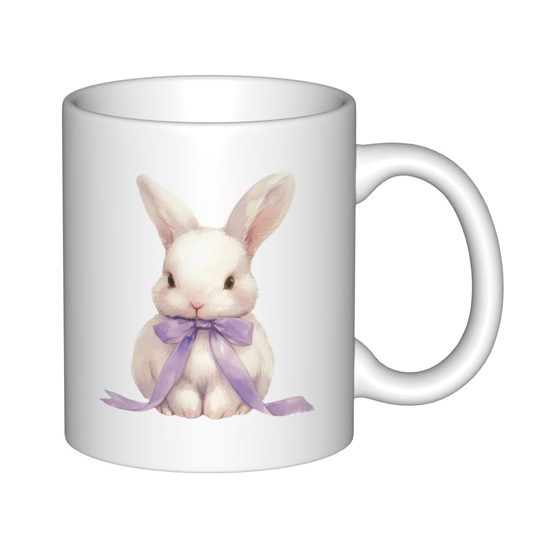 Tailorly White Ceramic 11 oz Mug - Cute White Bunny Wearing Soft Purple Bow Tied Gently Around Neck Bunny