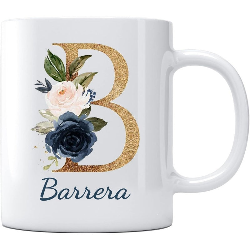 Tailorly White Ceramic 11 oz Mug - Barrera Elegant Gold Glitter Letter Among Navy And Pink Flowers Monogram