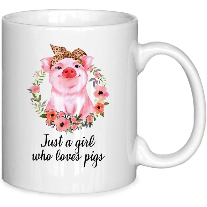 Tailorly White Ceramic 11 oz Mug - Just A Girl Who Loves Pigs Charming Watercolor Style Wearing Leopard Print Bow Within Colorful Floral Wreath Pig