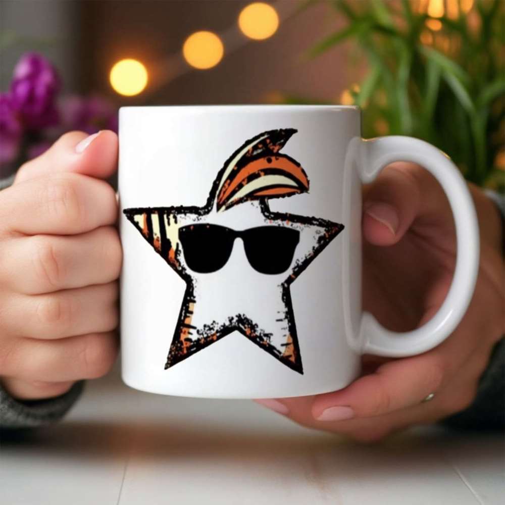 Tailorly White Ceramic 11 oz Mug - Cool Five Pointed Character Wearing Black Sunglasses With Vibrant Orange Crest Star