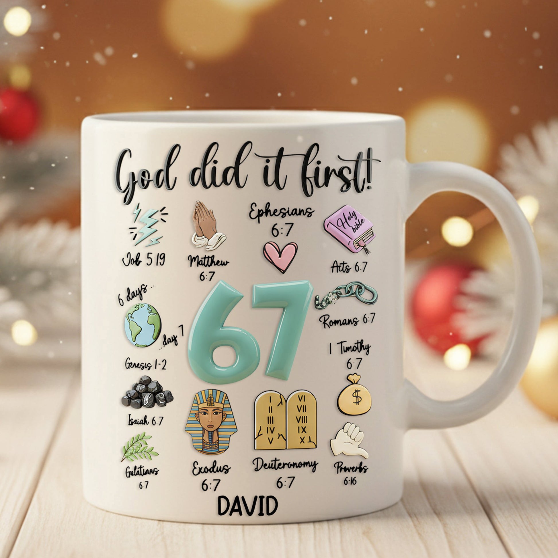 Tailorly White Ceramic 11 oz Mug - God Did It First David Small Religious Illustrations Surrounding A Large Bold Teal Centered Number
