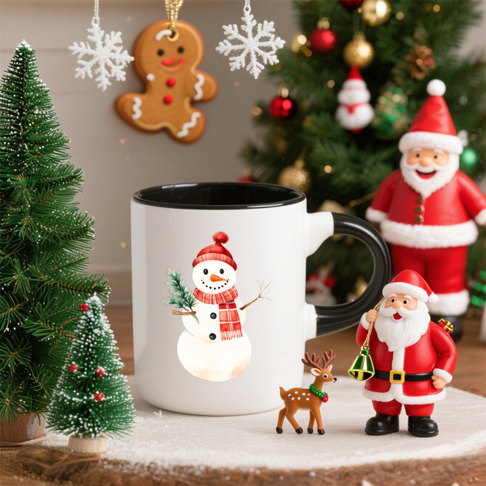 Tailorly Black Accent 11 oz Mug - snowman in red hat scarf holding tree
