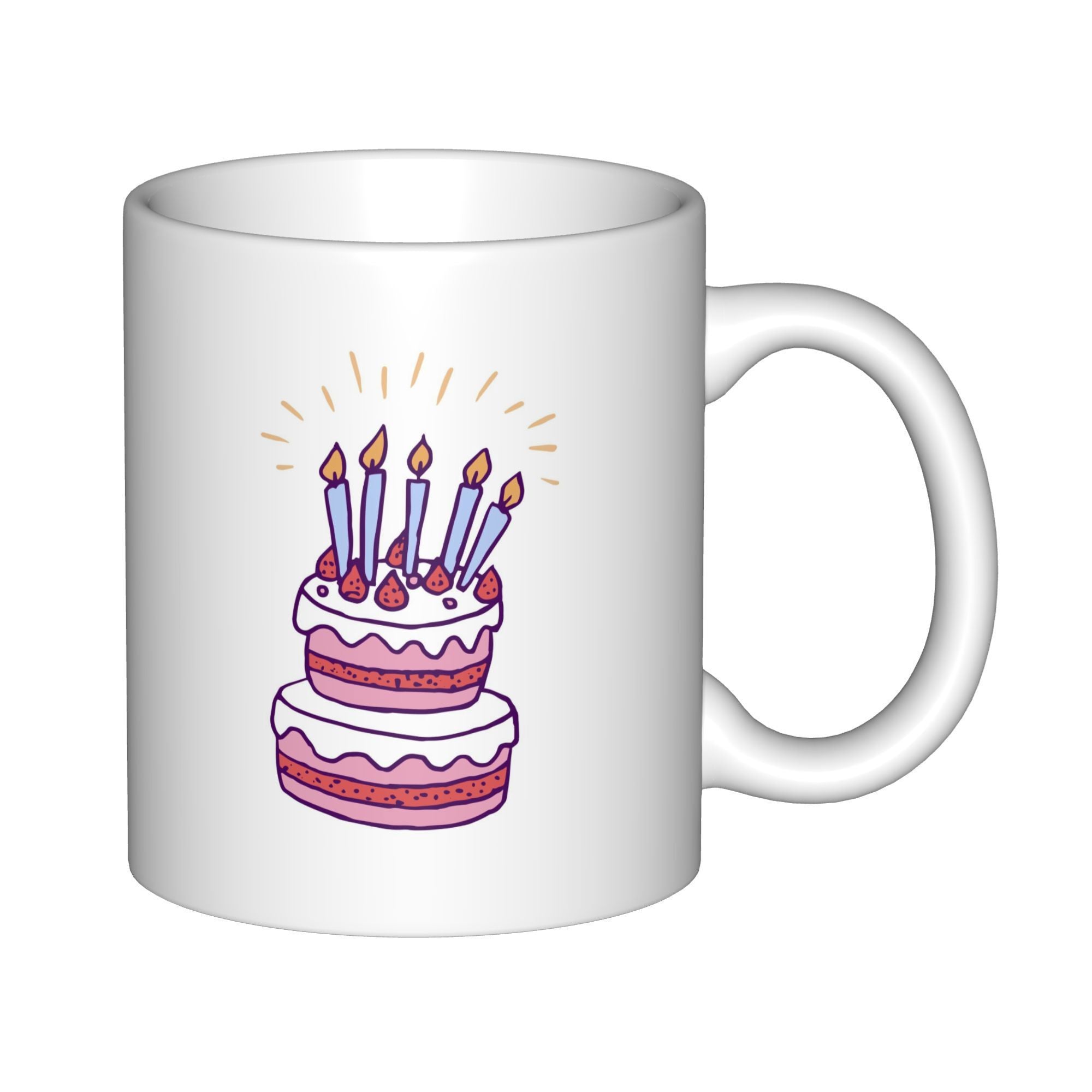Tailorly White Ceramic 11 oz Mug - Pink Tiered Birthday Celebration With Five Glowing Candles In Cartoon Style Cake