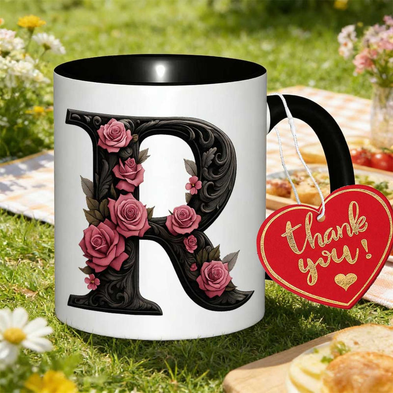 Tailorly Black Accent 11 oz Mug - floral alphabet design
