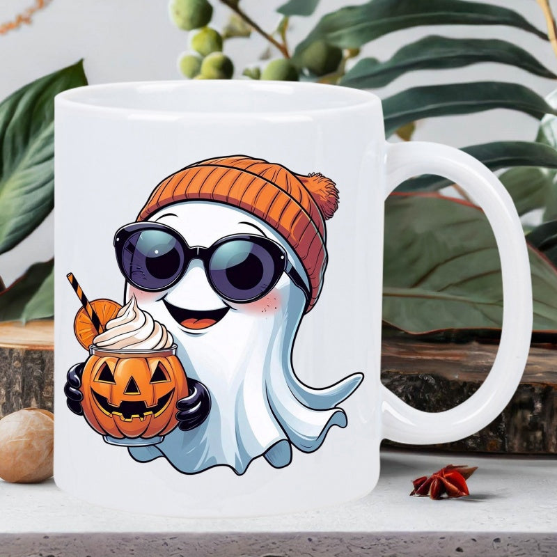 Tailorly White Ceramic 11 oz Mug - Cute Cartoon Wearing Orange Beanie And Sunglasses Holding A Pumpkin Ghost