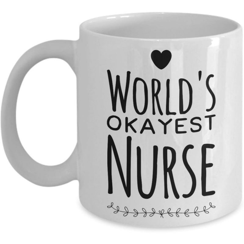 Tailorly White Ceramic 11 oz Mug - Worlds Okayest Nurse Minimalist Black Heart With Delicate Leaf Vine Border Mug